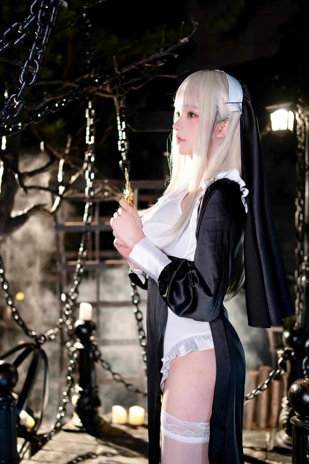 Xgyw.Org_网络美女豪歌恶魔修女主题性感薄透修女服半脱露蕾丝内衣配白丝吊袜诱惑写真45P